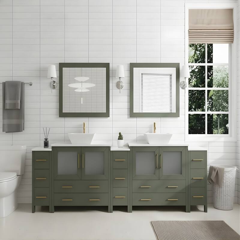 Vanity Art 108" Double Sink Bathroom Vanity Set with Engineered Marble Top and Free Mirrors - Vintage Green