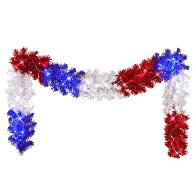 Puleo International 9 ft x 10" Pre-Lit Red White & Blue Patriotic Garland 168 Tips 54 LED Lights Adaptor
