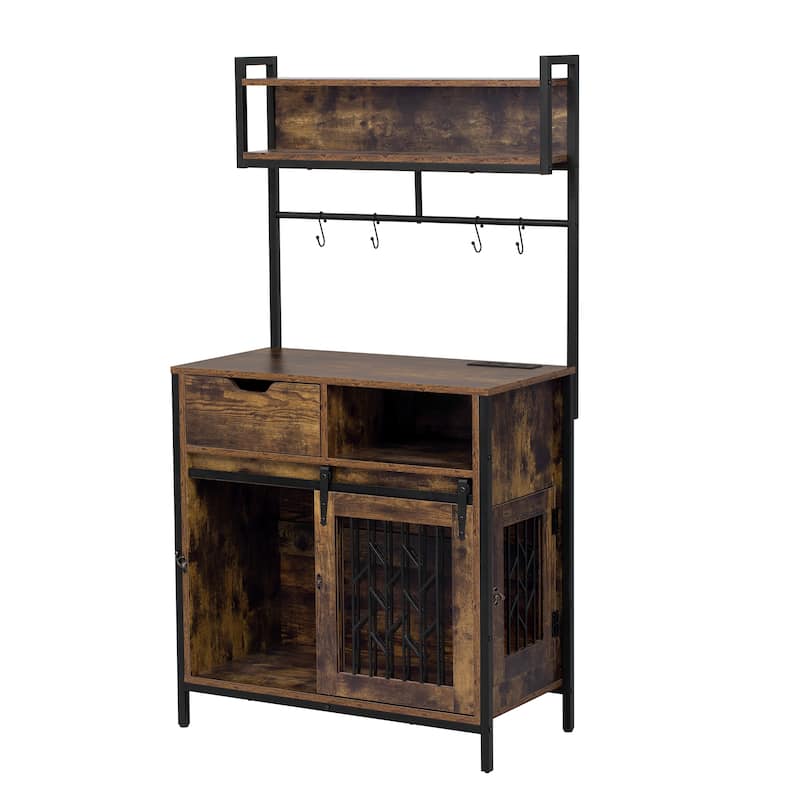 Rustic 2-in-1 Dog Crate & Side Cabinet Organizer: Hutch-Style Kitchen Storage with Kennel, Cupboard, and Drawers‌