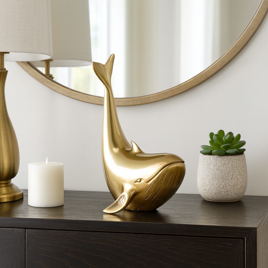 Metal Sculpture Whale Ocean-Inspired Decorative Figurine - 11" Gold - 8" x 7" x 11"