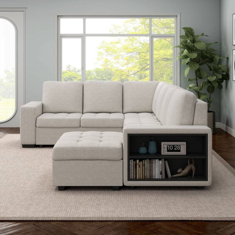 Furniture of America Jaquel Modern Biscuit Tufted Seat Sleeper Sofa Sectional with Storage Shelves and USB Ports