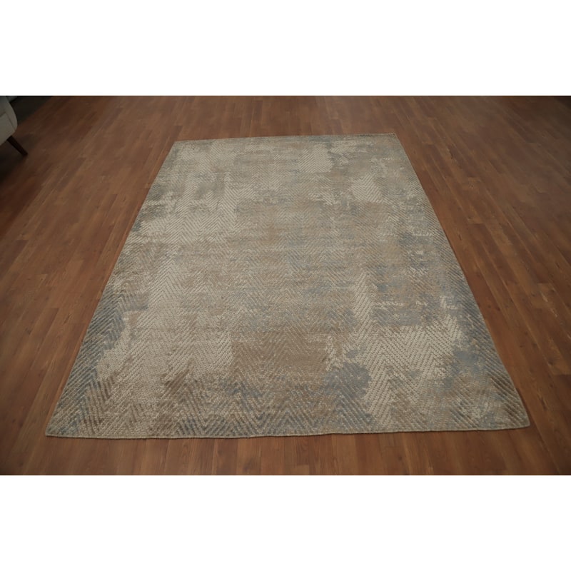 Hand Knotted Oriental Viscose Silk Carpet Modern All-Over Beige & Ivories Abstract Area Rug - 7' 9'' X 5' 10''