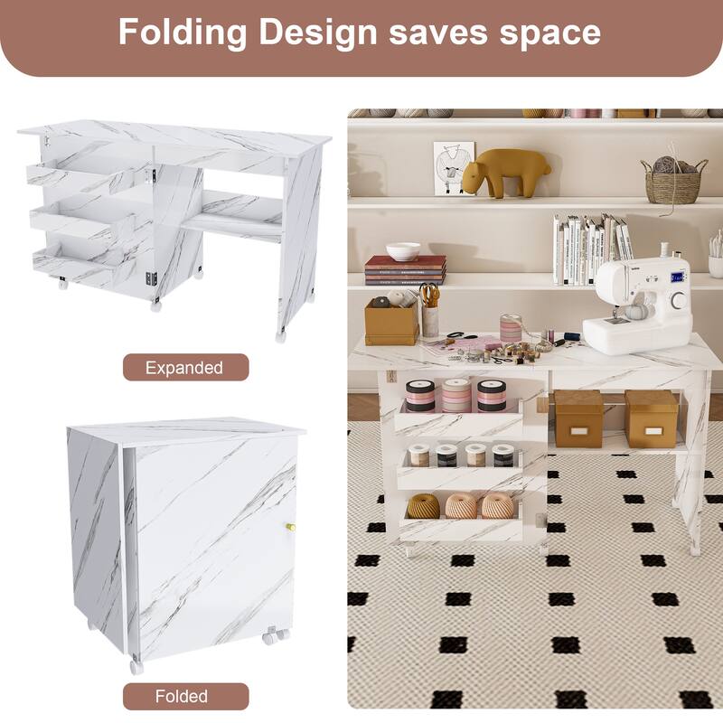 4-in-1 Folding Sewing & Craft Table with Storage, Rolling Workstation Display Cabinet End Table Dining Table