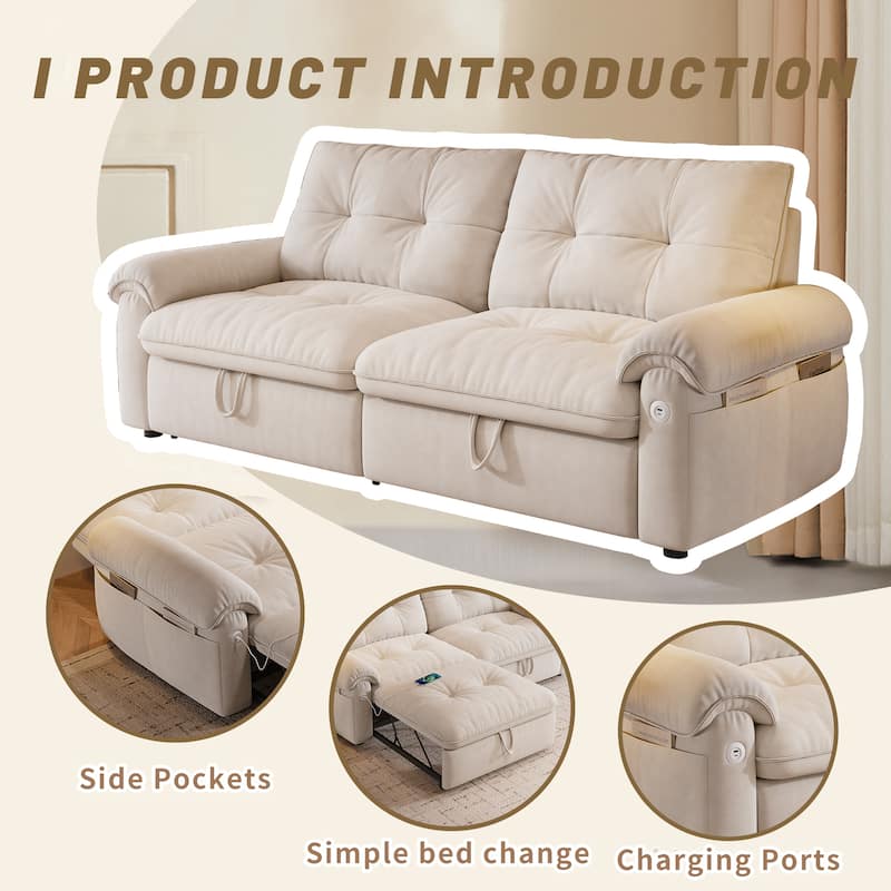 2-in-1 Velvet Pull Out Sleeper Sofa Bed Convertible Loveseat Couch for Sitting, Napping or Sleeping with Side Pockets and USB