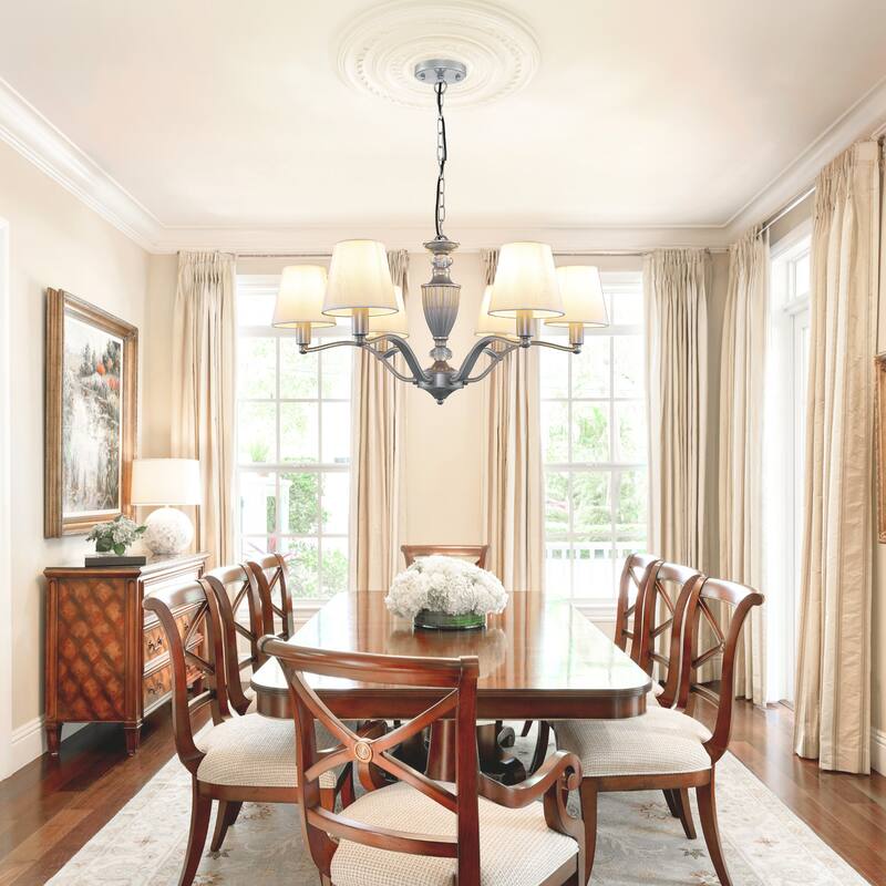 Farmhouse Dining Room Light Fixture, 6-Light Chandeliers for Dining Room with White Fabric Shade