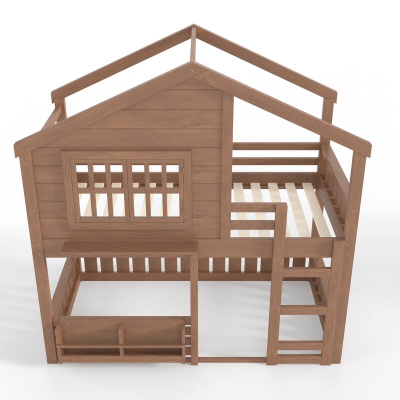 Twin Size Bunk Bed/Loft Bed with Bookshelf, House Design, High-Quality Safety Fencing, Natural