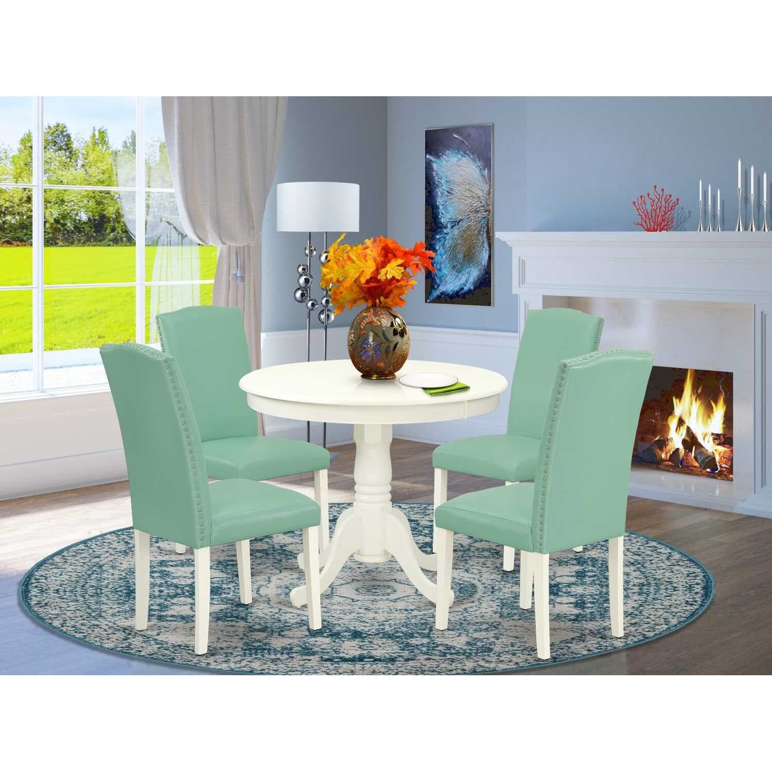 HomeStock 5-Piece Round Linen White Finish Solid Wood Top Dining Table with 4 Parson Chair