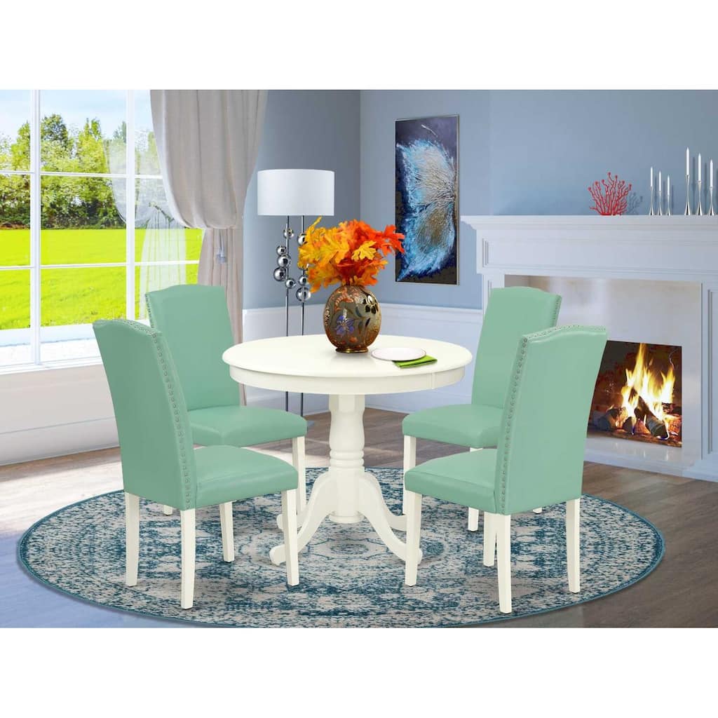 HomeStock 5-Piece Round Linen White Finish Solid Wood Top Dining Table with 4 Parson Chair with Lattice Back
