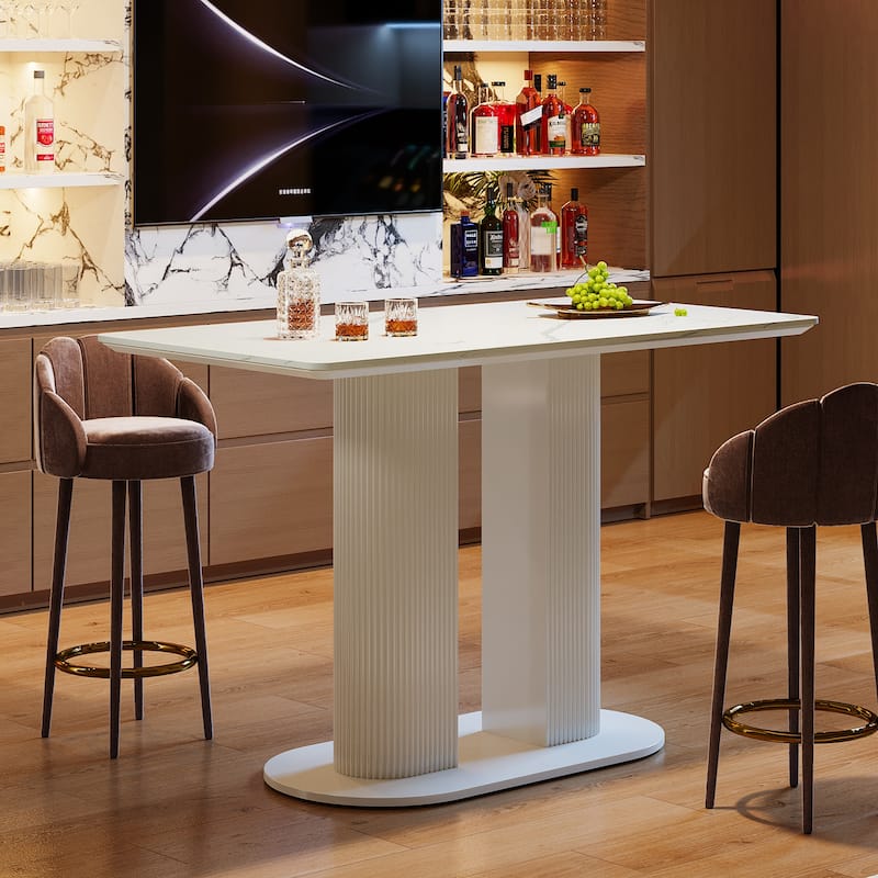 Counter Height Bar Table, Rectangular Pub Table with Faux Marble Tabletop, Home Bar Unit for Kitchen - White