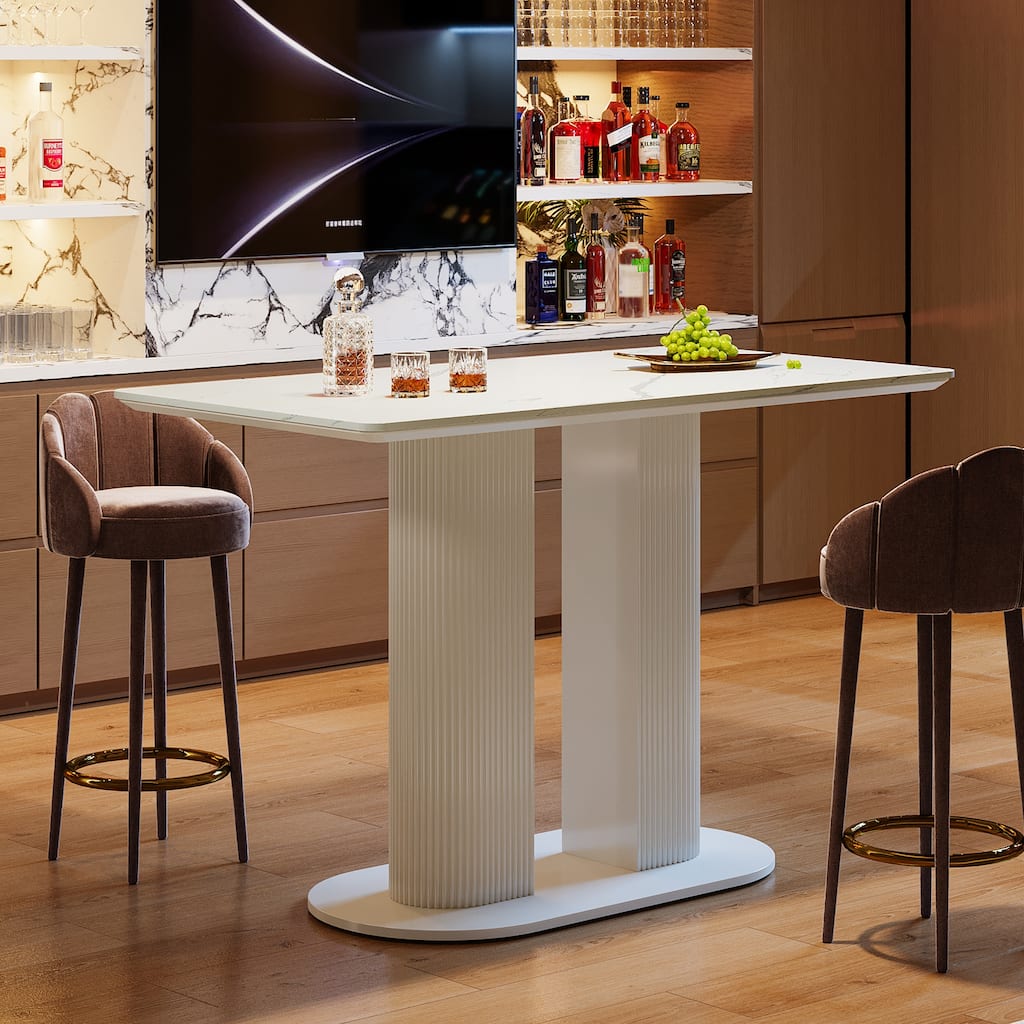 Counter Height Bar Table, Rectangular Pub Table with Faux Marble Tabletop, Home Bar Unit for Kitchen