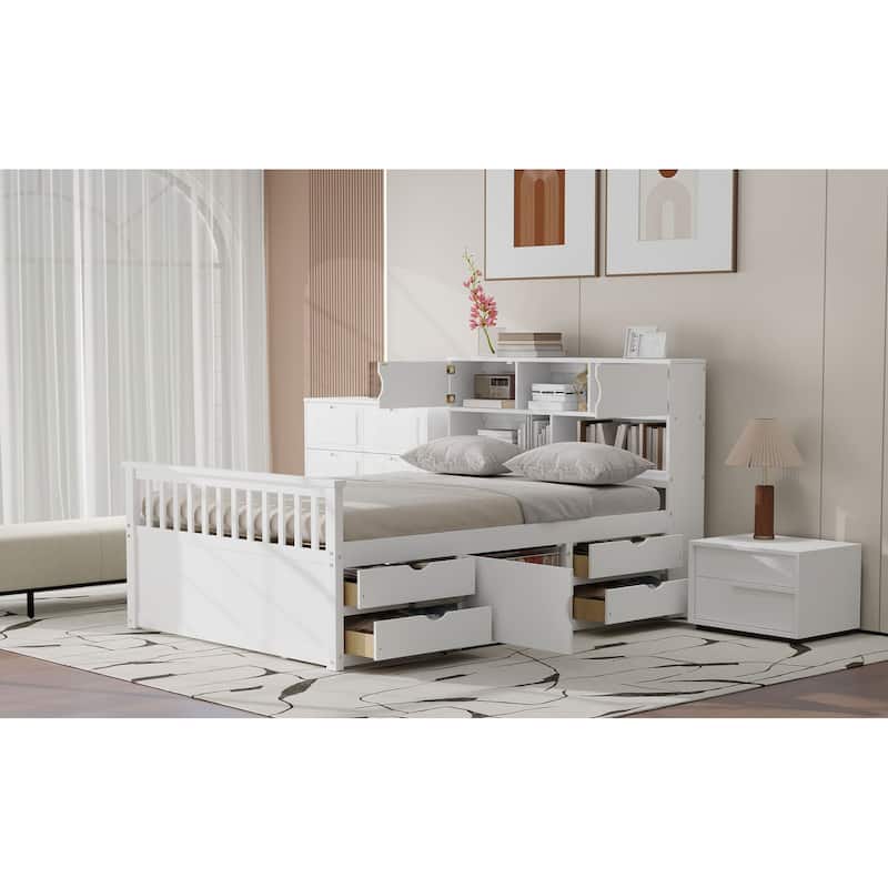 Full Size Captain Platform Bed Frame With Storage Bookcases And Shelves,4 Drawers