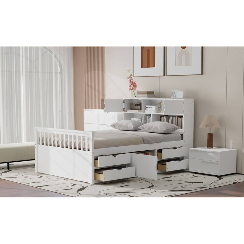 Full Size Platform Bed with Bookcase Headboard, 4 Storage Drawers & Adjustable Underbed Shelves, No Box Spring Needed, White