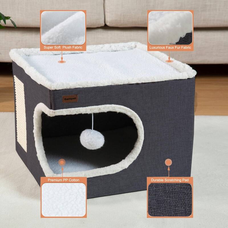 Cat Bed for Indoor Cats Cube House, Covered Cat Cave Beds & Furniture with Scratch Pad and Hideaway Tent - 16.5*16.5*13