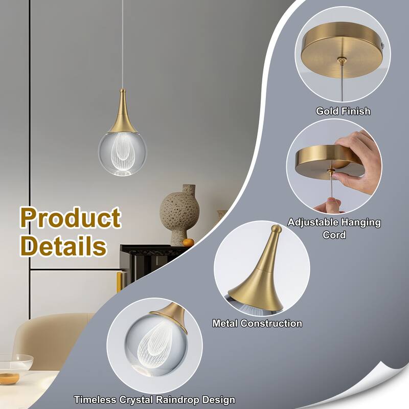 Starsky 1-Light LED 4500K Teardrop Crystal Small Pendant - Gold