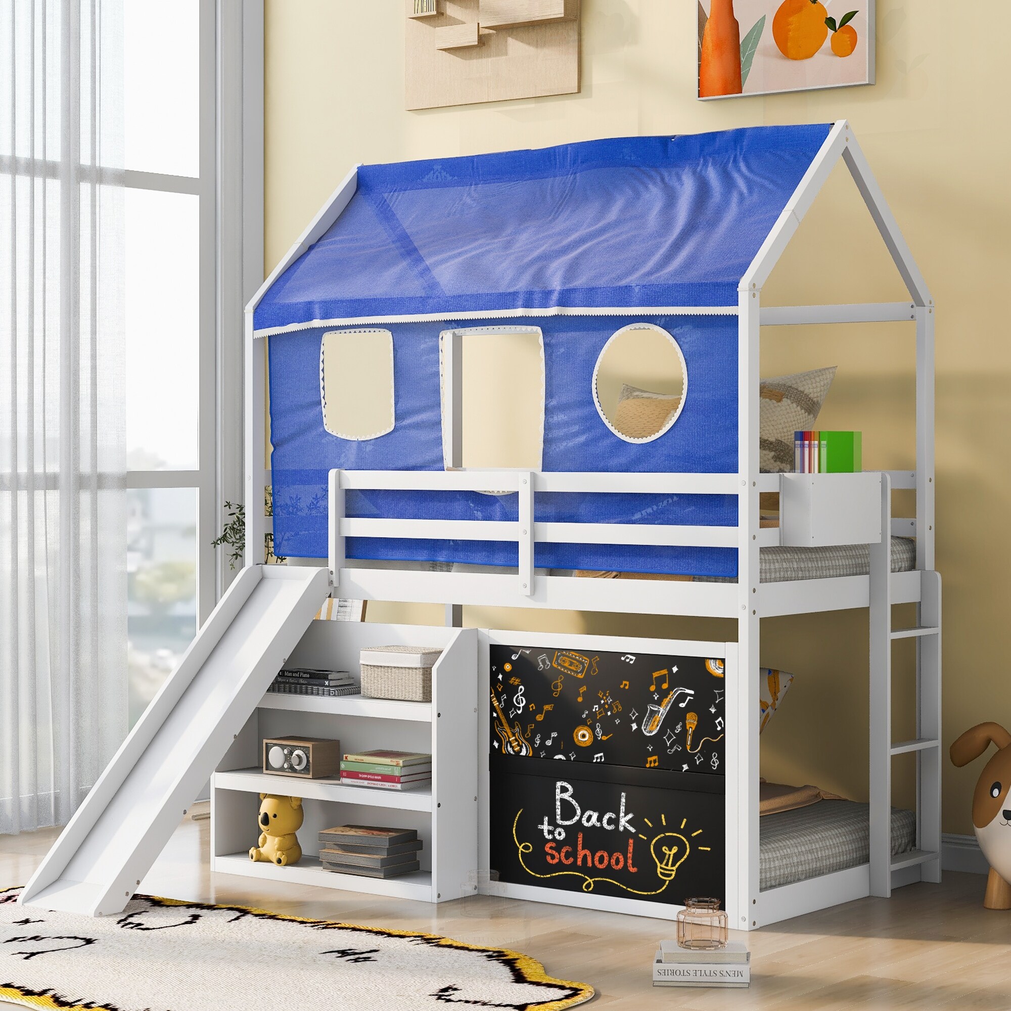 Twin over Twin House Bunk Bed with Blue Tent Slide Shelves and