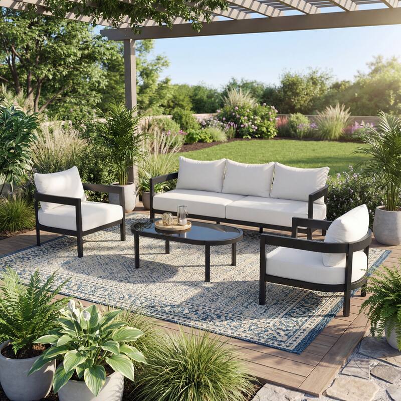 Christopher Knight Home - Modern 4-Piece Outdoor Aluminum Patio Conversation Set with Oval Glass Coffee Table & Cushions