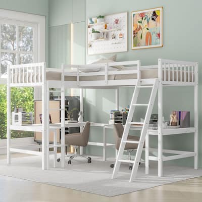 Space-Saving Twin L-Shaped Loft Bed with 2 Built-in Desks, Ladder, and Wooden Slat Support