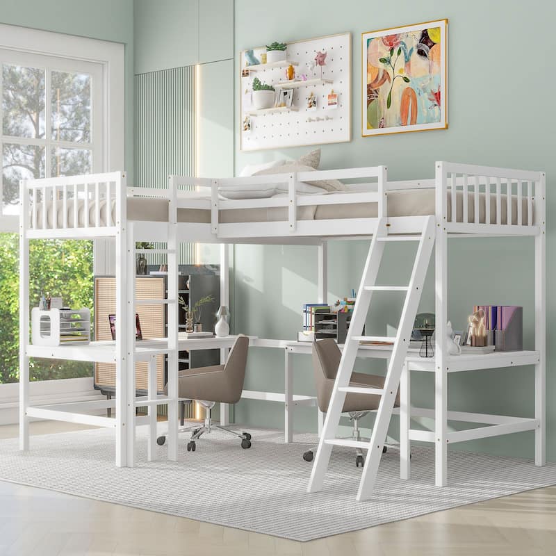 Wood Twin Size L-Shaped Loft Bed with Ladder and 2 Built-in L-Shaped Desks - White - Twin