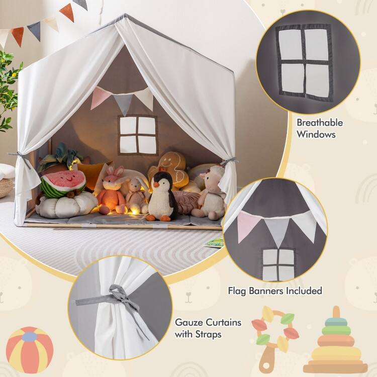 Kid's Play Tent with Washable Cotton Mat and Flag Banner - 52" x 36" x 51.5" (L x W x H)