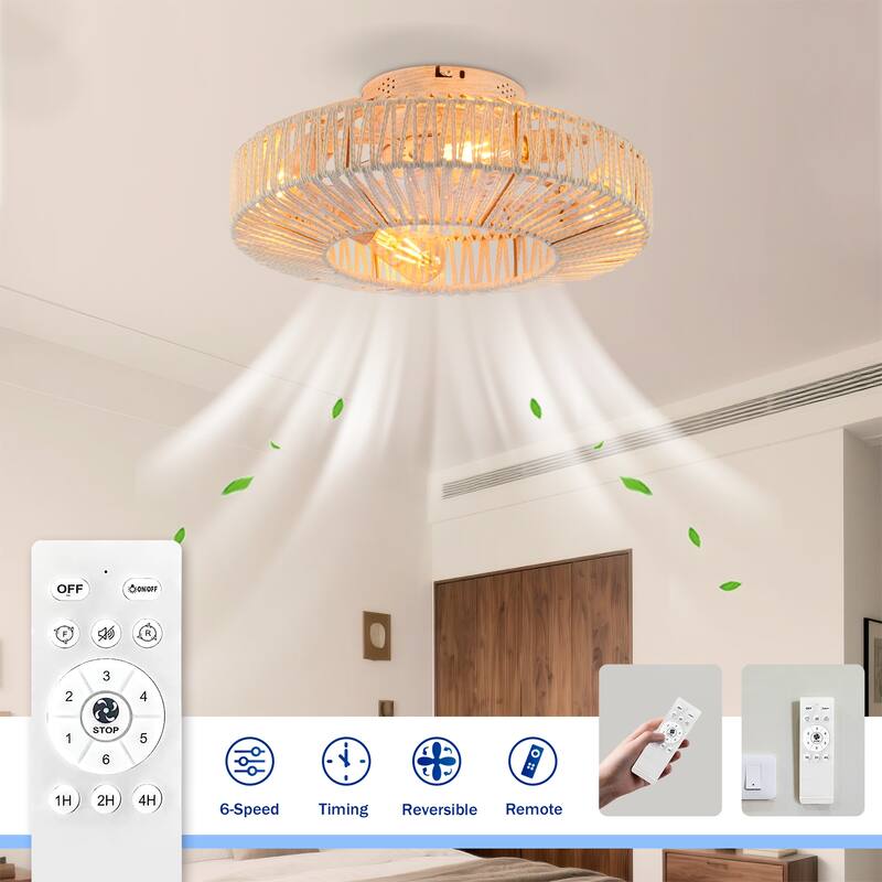 20" Rope Caged Ceiling Fans with Remote, Flush Mount Ceiling Fan with Light, Low Profile Chandelier 6 Speed DC Motor
