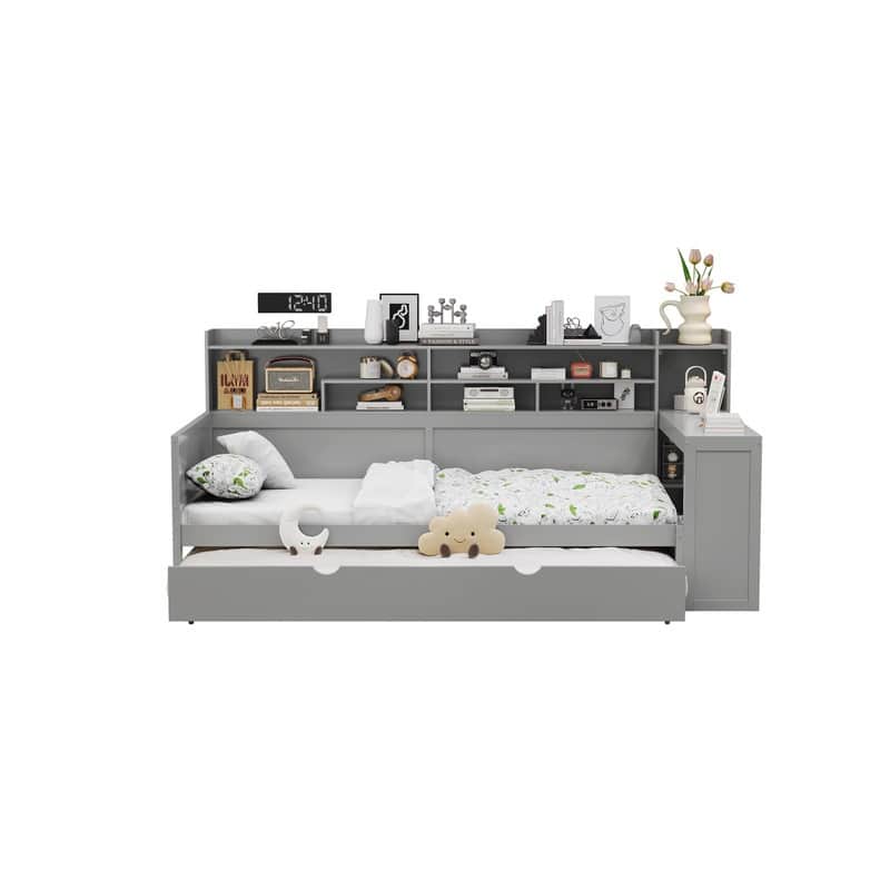 Wooden Daybed with Study Desk and Twin Size Trundle, Twin/Full Size Daybed Frame Sofa Bed with Storage Shelves