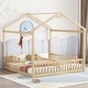 preview thumbnail 1 of 8, Natural Double Twin Pine Wood House Floor Bed with Guardrails Natural