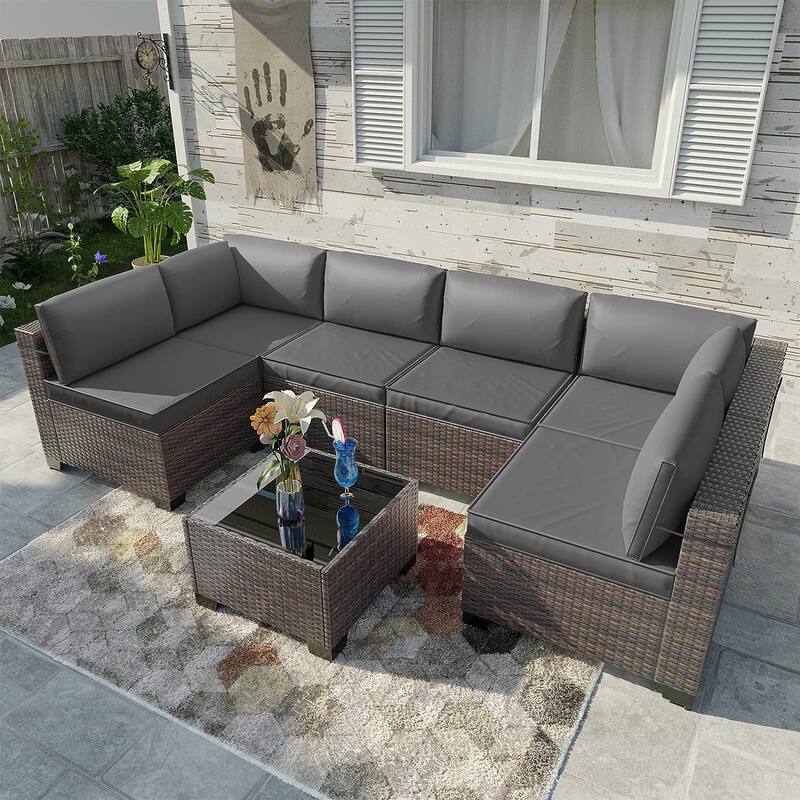 Kullavik 7 Pieces Outdoor Sectional Sofa Set Brown Wicker Patio Conversation Set with Seat Cushions and Tempered Glass Table