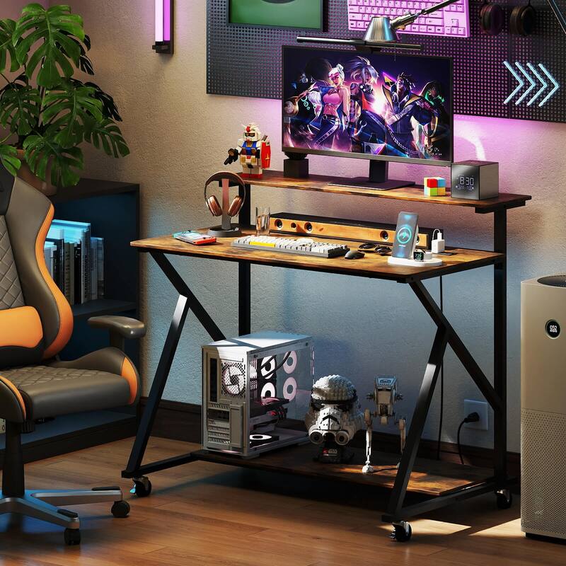 Costway Rolling Computer Desk with Charging Station Monitor Stand