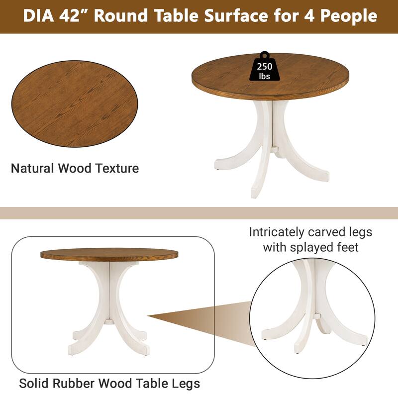 5 Piece Solid Wood Dining Table and Chair Set, Round Kitchen Room Table Set, 4 Dining Chairs with Upholstered Seats