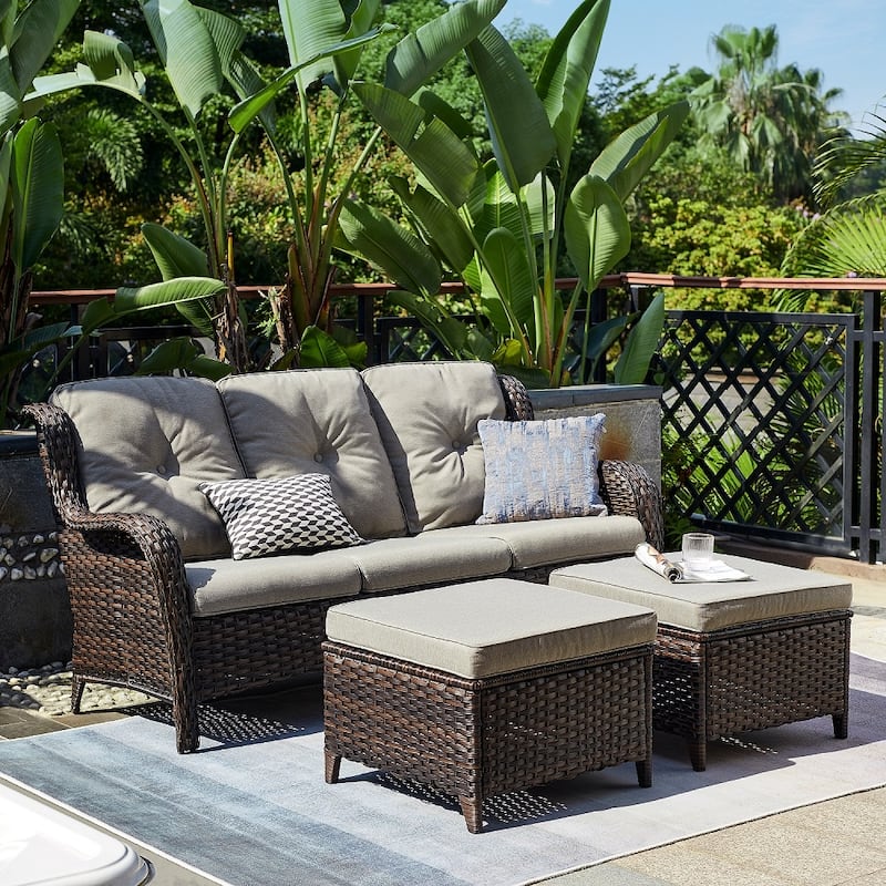 Gymojoy 3-Piece Outdoor Patio High-back Wicker Sectional Ottoman Set