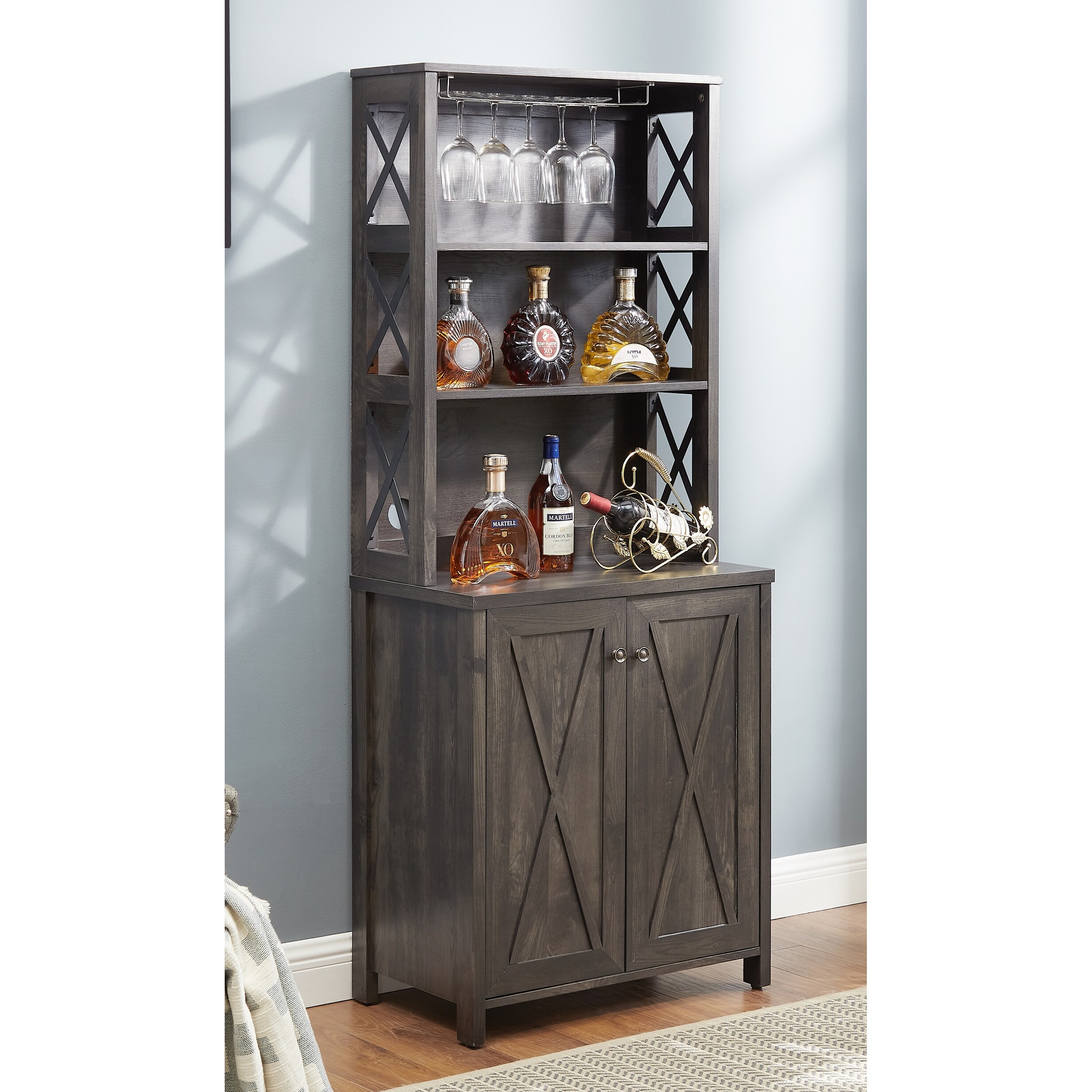 Wine Bar Cabinet with Barn Design Wine Glass Rack Gray