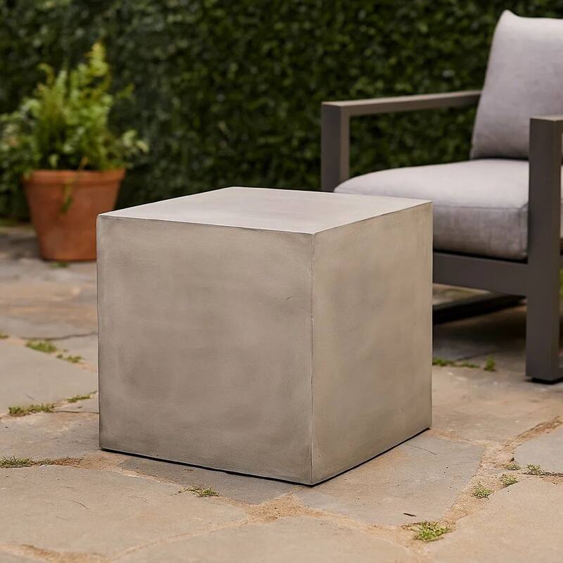 Ebec Outdoor Side Table, Modern Cube Light Gray Faux Concrete, 22 Inch