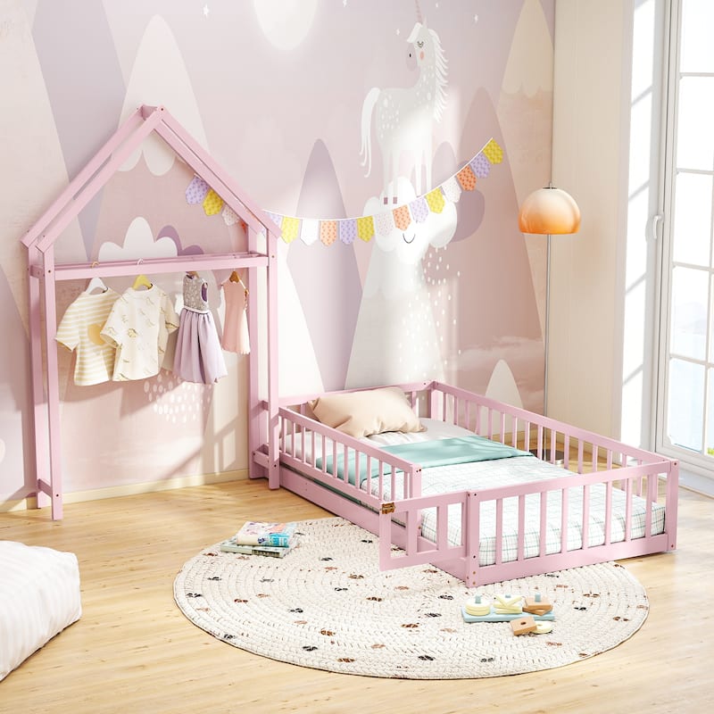 Montessori Twin Size Floor Bed Frame with Guardrails and House Shaped Headboard for Kids Bedroom