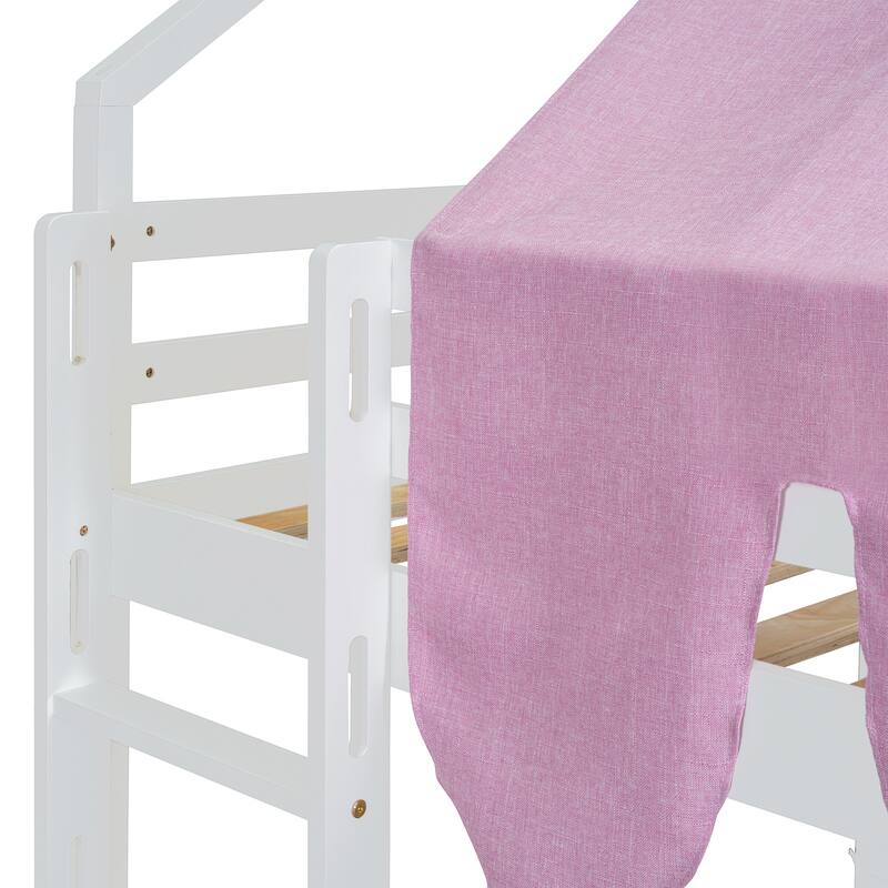 House-Shaped Wooden Loft Bed with Tent, Slide & Storage - Twin/Full Size in White & Pink