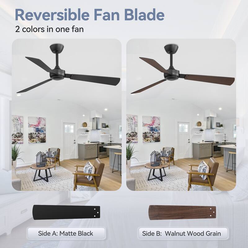 2 Set 52-inch Reversible 3-Blade Ceiling Fan No Light with Remote