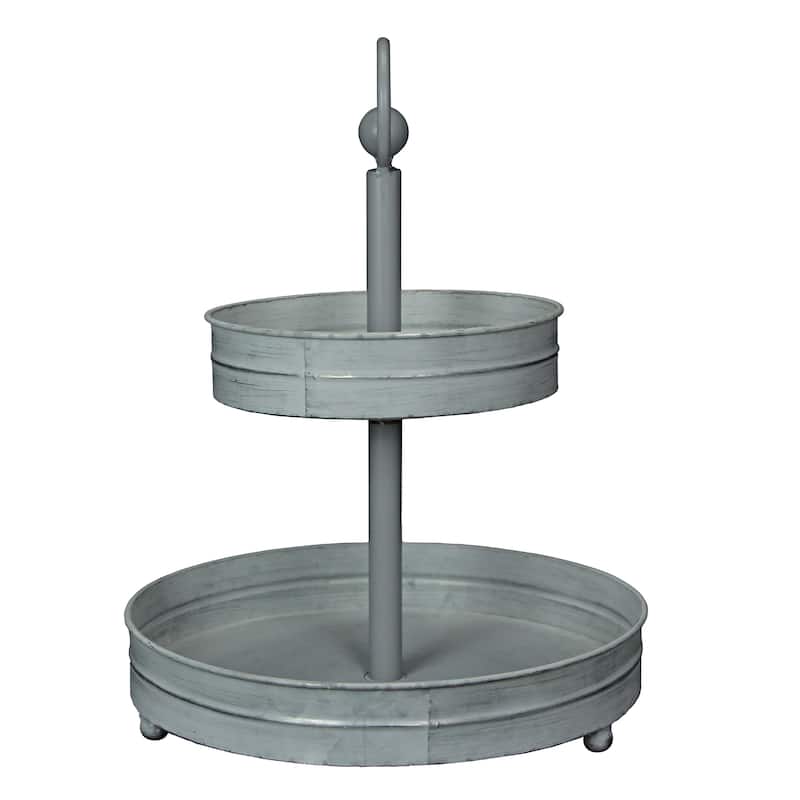 Zeckos Washed White Metal Round Two Tier Farmhouse Serving Tray - 16 X 12 X 12 inches