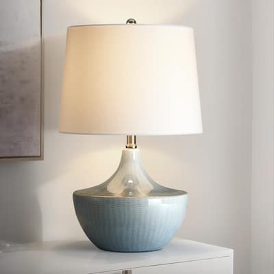 Ebern 3-Way Blue Ceramic Table Lamp with White Shade - 21 in. H