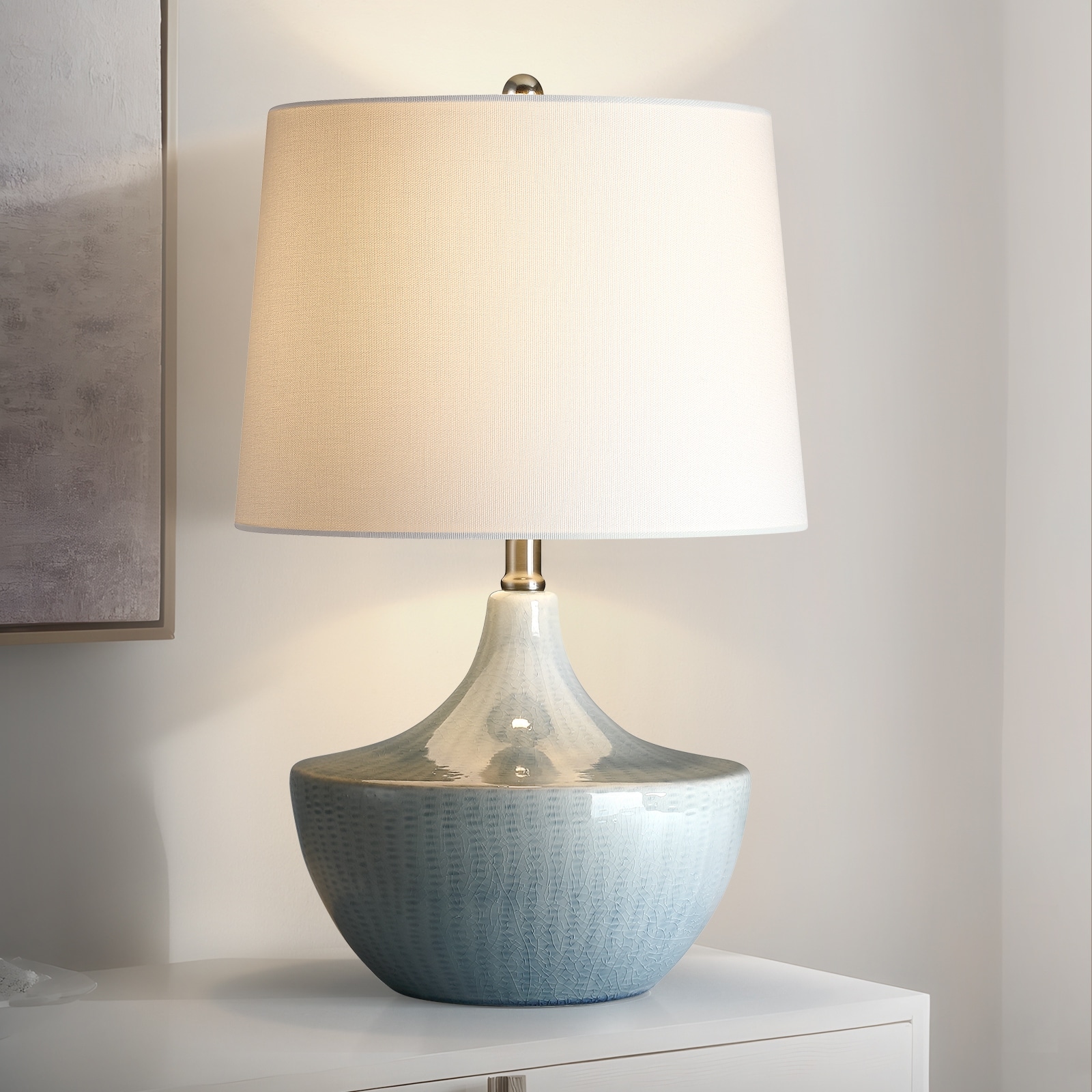 Ebern 3-Way Blue Ceramic Table Lamp with White Shade - 21 in. H
