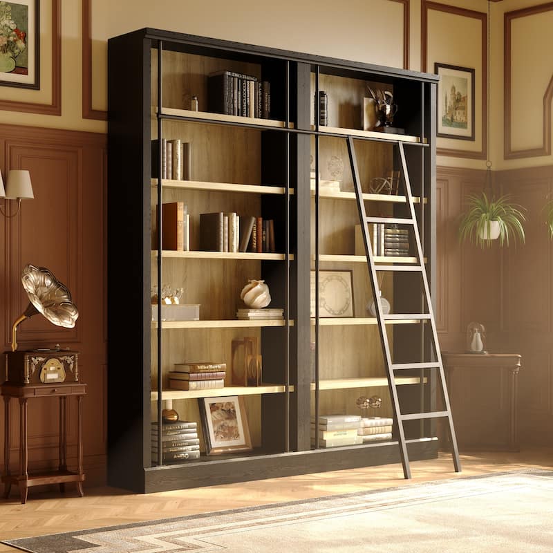 Large Ladder Bookshelf with Adjustable Rolling Ladder, Tall Library Bookcase Storage Display Unit