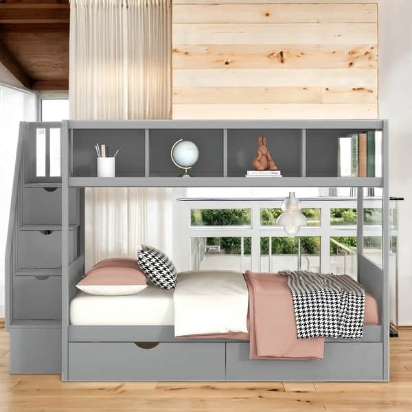slide 2 of 14, Versatility Galore Twin Over Full Bunk Bed With Storage Space, Maximized Storage Space Grey