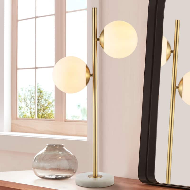 Dino 28" 2-Light Coastal Vintage Iron LED Table Lamp, Brass Gold/White by JONATHAN Y