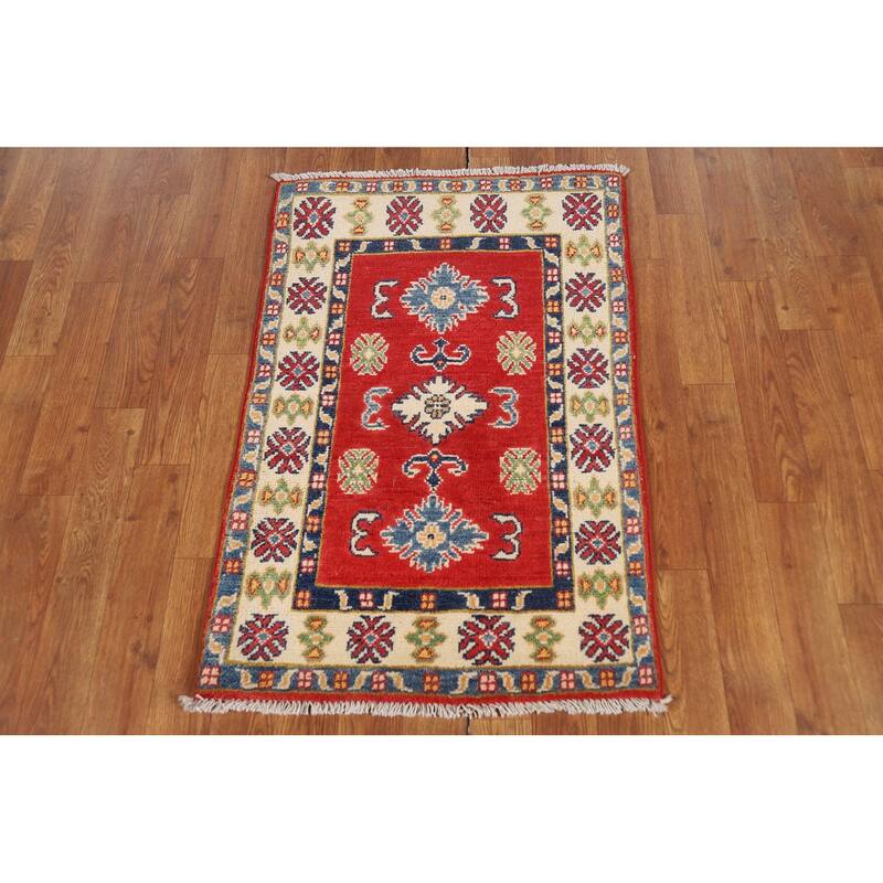 Red Geometric Kazak Foyer Rug Handmade Wool Carpet - 2'0" x 3'0"