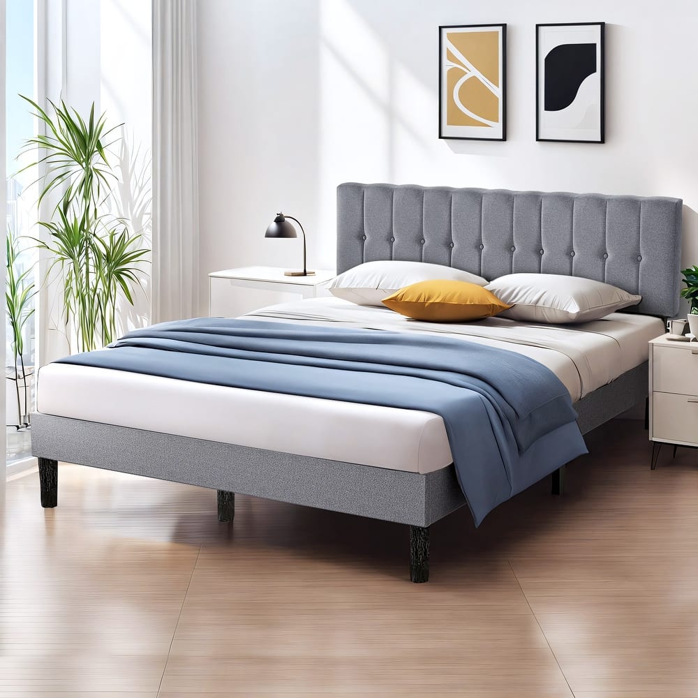 Twin Bed Frame Upholstered Platform with Headboard and Strong Wooden Slats,No Box Spring Needed, Easy Assembly