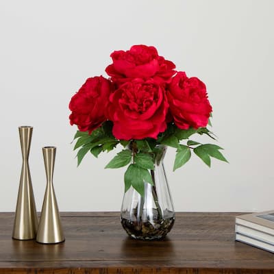 Peony Floral Artificial Arrangement with Glass Vase - 16" - Red and Green