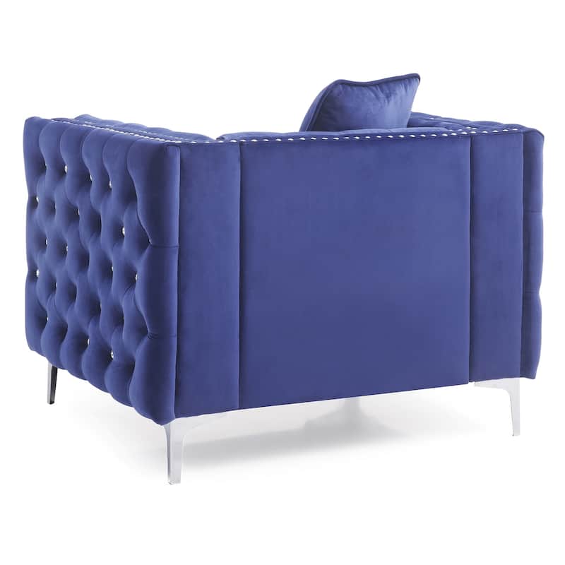 Solid Jeweled Button Tufted Accent Chair with Pillow - 40" - Blue and Silver