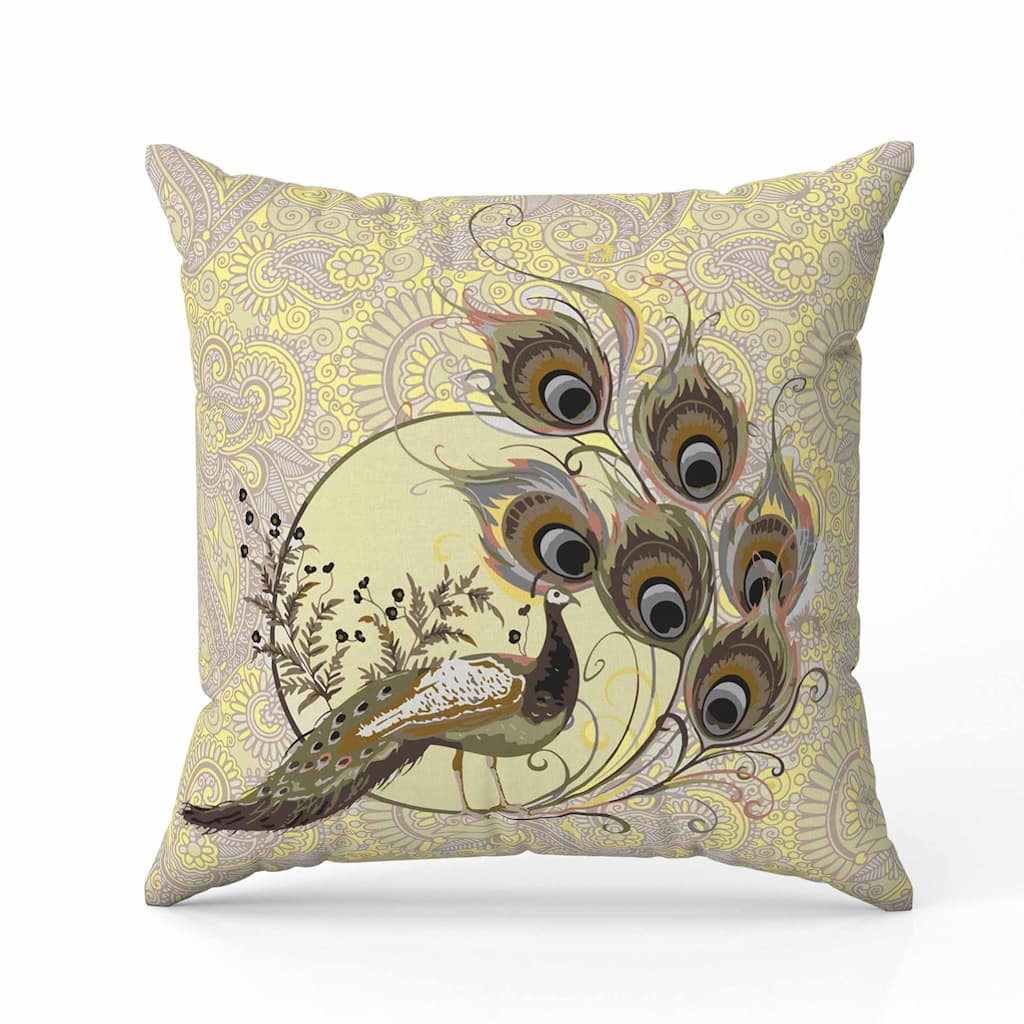 Paisley Peacock Dreams Faux Suede Reversible Throw Pillow Yellow and Cream