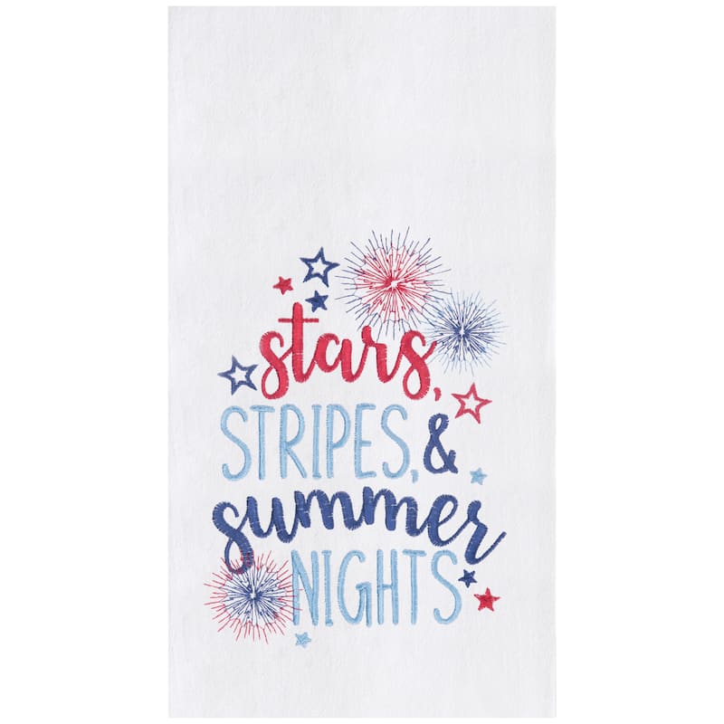 Star Stripes & Summer Nights Embroidered Cotton Flour Sack Kitchen Towel