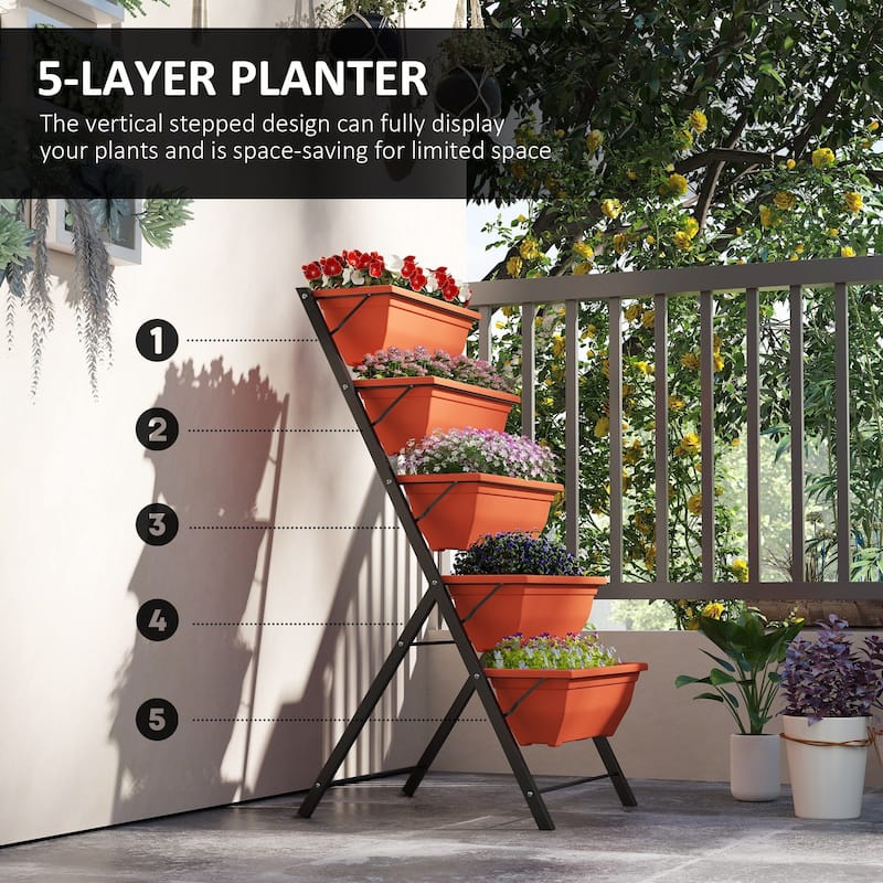 5-Tier Raised Garden Bed Plant Stand Flower Pots with Leaking Holes Red