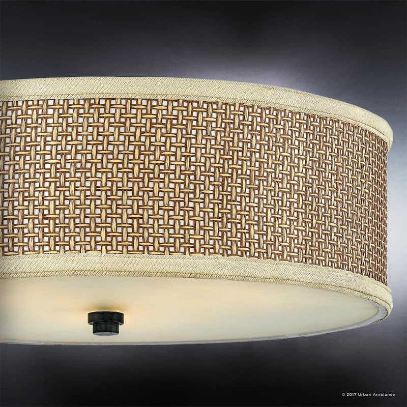 Luxury Craftsman Flush Mount Ceiling Light, 6.5"H x 17"W, with Asian Style, Natural Materials, Black Silk Finish