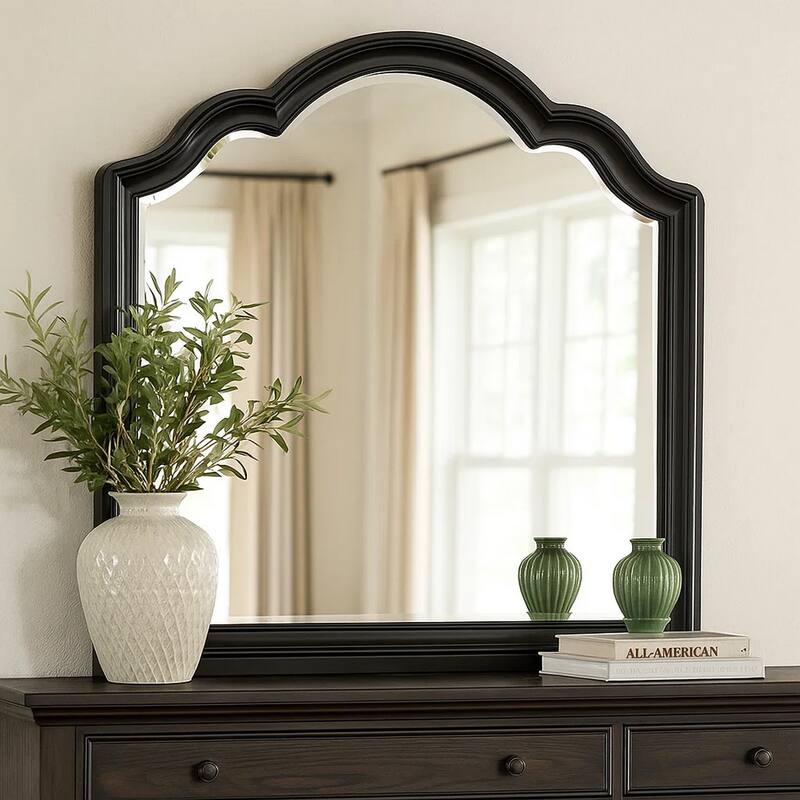 Eleena Dresser Mirror, Beveled Glass, Black Solid Wood Frame, 41x42